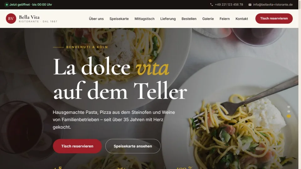 Startseite des italienischen Restaurants Bella Vita mit Food-Fotografie und Reservierungsbutton